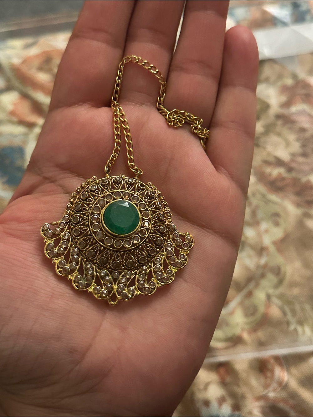 Gold-Tone Filigree tikka with Green Stone